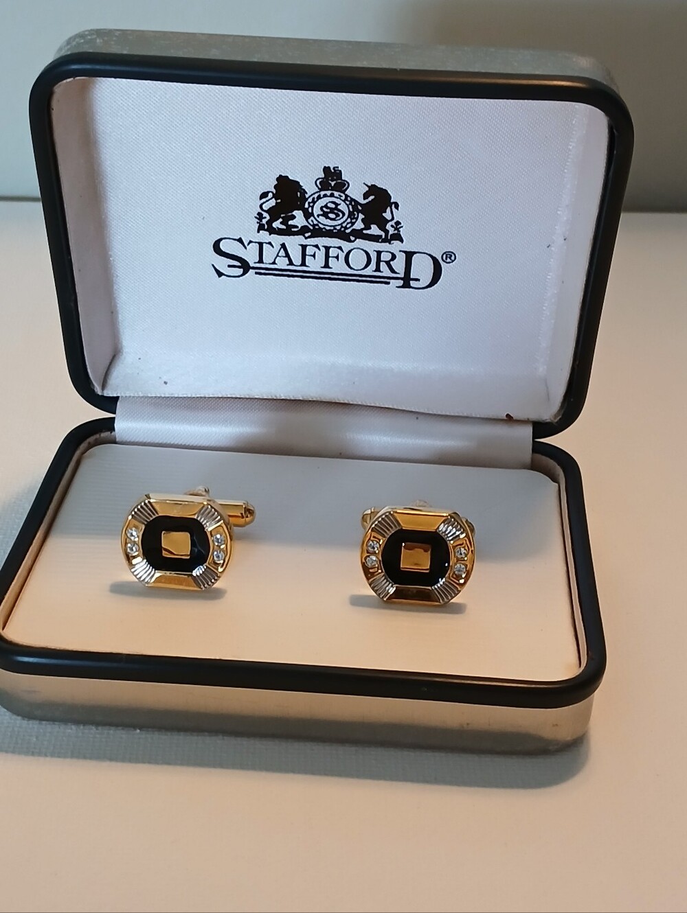 Stafford Vintage Gold and Black Octagonal Cufflinks with Crystal Accents